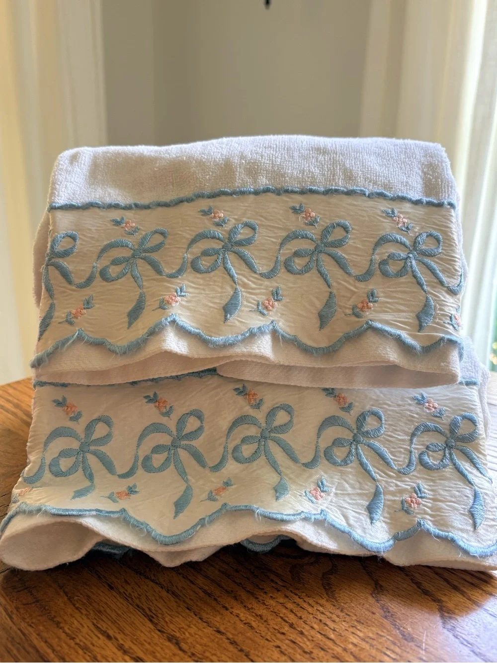 Vintage White with blue and pink Bow trim Bedding Towel Set of 2- Made in USA